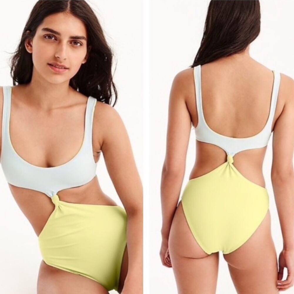 J.Crew Reversible Knot Front One Piece Swimsuit 0 Aqua Blue Lime Green Monokini
